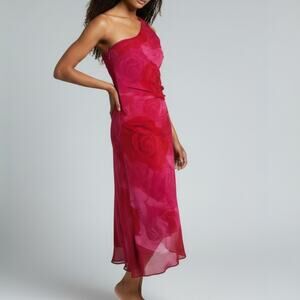 Lulus Red Rose Print Single Shoulder Shirred Chiffon Midi Dress Size  XS NWT